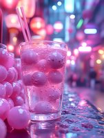 Cold refreshing drink with ice spheres and straws in glass against blurred neon city lights background, pink and blue bokeh atmosphere creates dreamy nightlife mood.