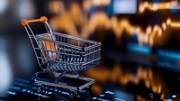 Shopping cart on digital stock market chart background with glowing trading data and financial investment graph showing market trends and analysis.
