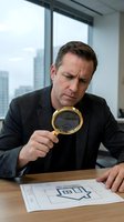 Middle-aged Caucasian businessman examining documents with magnifying glass in modern office, focused on detailed analysis and investigation work.