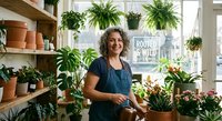 Happy middle-aged Caucasian woman gardener in denim apron smiling while tending to houseplants in bright greenhouse nursery surrounded by green foliage and terracotta pots.