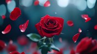 Red rose bloom with falling petals against dark teal background, romantic mood with soft bokeh lights and floating rose petals creating dreamy atmosphere.