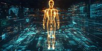 Glowing orange anatomical figure stands in digital cyberspace environment with flowing data streams and technological grid patterns against dark turquoise background.