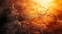 Dramatic cracked earth surface with glowing lava underneath, fiery orange and red tones create apocalyptic atmosphere. Dark smoky background adds depth and mystery.