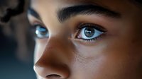 Close-up portrait of young woman with striking blue eyes and natural makeup showcasing beauty and skincare concepts for cosmetic advertising campaigns.