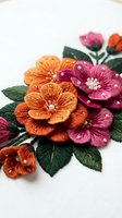 Colorful embroidered flowers with orange and magenta petals, pearl beads, and green leaves on white fabric background. Suitable for textile design and craft projects.