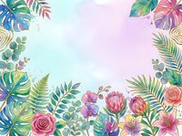 Watercolor tropical floral frame with roses, orchids, monstera and palm leaves on pastel background, copy space for text.