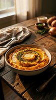 Creamy mashed sweet potato puree with herbs in rustic bowl on wooden table with warm natural lighting for autumn cooking and holiday meal preparation.
