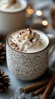 Cozy winter hot chocolate topped with whipped cream and cocoa powder in spotted ceramic mug, decorated with cinnamon sticks and pine cones, warm bokeh lights.