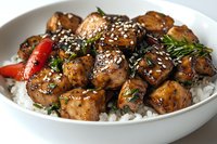 Glazed chicken pieces with sesame seeds served on white rice, garnished with fresh herbs and red chili peppers in ceramic bowl. Asian cuisine preparation.
