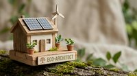 Miniature eco-friendly house model with solar panels and wind turbine on wooden base, sustainable architecture concept for environmental education.