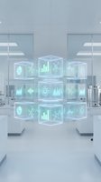 Glowing holographic glass cubes with data charts and molecular icons floating in a futuristic laboratory, representing science and analytics.