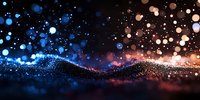 Abstract digital particle wave with blue and orange bokeh lights creating dynamic flowing motion against dark background for technology presentations.