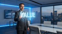 Professional businessman presenting value concept in modern office with holographic display and city skyline view for corporate presentations.