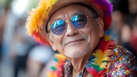 Senior Asian man wearing rainbow feather boa and reflective sunglasses smiling at pride parade celebration, expressing joy and acceptance during LGBTQ+ community event.