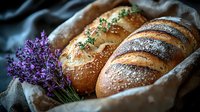 Fresh baked artisanal bread loaves with sesame seeds and poppy seeds, served in rustic basket with lavender sprigs, moody food photography on dark background.