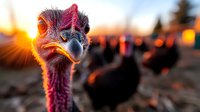 Curious ostrich face in dramatic sunset lighting with blurred farm background, close-up portrait showing vibrant pink and red neck feathers and expressive eyes.