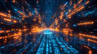 Digital tunnel with glowing orange and blue binary code streams creating dynamic perspective effect, symbolizing data flow and cyber technology advancement.
