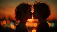 Romantic couple silhouettes kissing at sunset with warm golden light and bokeh city lights creating intimate atmosphere for love and relationship concepts.