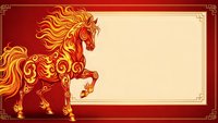 Ornate golden horse with flowing mane on red background with decorative border frame for Chinese New Year celebration and festive greeting cards.
