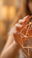 Hand holding glowing digital network mesh with connected nodes and lines, representing technology, data connection, artificial intelligence, and innovation concepts for business solutions.