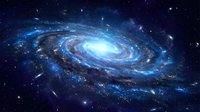 Spiral galaxy with glowing blue core and swirling arms filled with stars, nebulae, and cosmic dust in deep space. Suitable for astronomy, science, and space exploration projects.