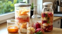 Fresh fermented vegetables and fruits in glass jars on wooden counter near window. Homemade probiotics with colorful ingredients showing layered preservation process.