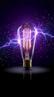 Vintage Edison bulb emitting vibrant purple lightning and glowing particles against dark background, symbolizing energy, innovation, and power for creative projects.