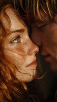 Close-up of young couple with freckles and red hair in intimate moment, warm golden light highlighting their features for romance novel cover.