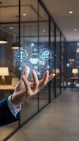 Businessman hand holding digital hologram with interconnected icons representing law, gears, handshake and network nodes in modern office environment for business solutions.