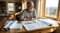 Senior male architect with gray beard and glasses reviewing construction blueprints and architectural plans at wooden desk near window with mountain view, suitable for professional services and design industry.