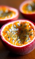 Fresh passion fruit cut in half showing juicy pulp and seeds with vibrant purple skin and golden flesh, macro food photography on wooden surface.