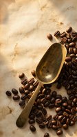 Vintage wooden scoop filled with roasted coffee beans on aged parchment paper background for cafe menu design and coffee shop branding materials.