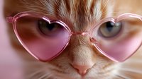 Close up portrait of ginger cat wearing heart shaped pink sunglasses, looking directly at camera with intense eyes. Fun pet photography for social media and greeting cards.