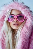 Young Caucasian woman with blonde hair wearing pink fur hood and oversized sunglasses against blue background, fashion portrait in soft winter style.