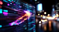 Digital stock market display showing upward trend arrow in neon pink and blue colors against blurred urban night background with bokeh lights and reflections.