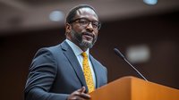 African American businessman in glasses and suit with yellow tie speaking at podium during corporate presentation or conference speech, professional leadership.