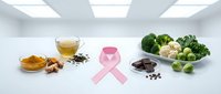 Breast cancer awareness pink ribbon with healthy foods including green tea, turmeric, broccoli, Brussels sprouts and dark chocolate on white background.