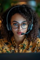 Young African American woman with curly hair wearing glasses and headset working from home in yellow floral blouse, focused on computer screen in soft evening light.