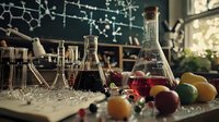 Laboratory glassware with colorful liquids on table with fresh citrus fruits and molecular structure formula on chalkboard background in science classroom.