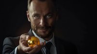 Confident middle-aged Caucasian businessman in dark suit holding glowing golden sphere against black background, mysterious dramatic lighting creates enigmatic mood.