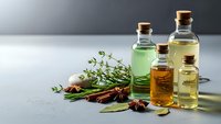 Essential oils in glass bottles with cork stoppers, fresh herbs and spices for aromatherapy, natural wellness and spa treatments on neutral background.