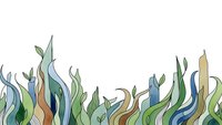 Abstract organic flowing shapes in green blue and earth tones creating decorative border frame on white background for modern design projects.