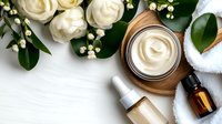 Luxury skincare cream jar with white roses and essential oil dropper on wooden surface, spa wellness composition with fresh flowers and cosmetics.