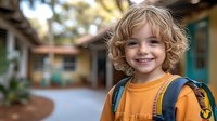 Cheerful young child with curly blonde hair wearing orange sweater and backpack smiling outdoors at school entrance, natural lighting and blurred background.