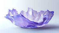 Delicate purple glass bowl with organic petal-like shapes creates flowing curves and translucent layers against light gray background, showcasing artistic glassware design.