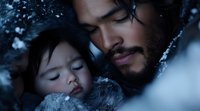 Young Asian father and child sleeping peacefully together in winter setting with snowflakes falling, creating intimate emotional moment in cold weather atmosphere.