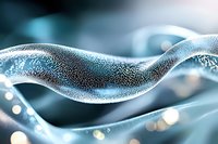 Glowing particles forming dynamic wave pattern in blue tones with bokeh light effects, abstract digital art visualization for science and technology backgrounds.