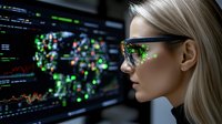 Young blonde woman in glasses analyzing financial data and stock market charts on multiple dark screens with green indicators and trading statistics.