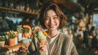 Young Asian woman with short wavy hair smiling while holding matcha ice cream cone in flower market or cafe. Warm lighting creates cozy atmosphere.