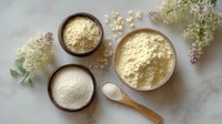 Natural elderflower powder in wooden bowls with fresh elderflower blossoms for organic skincare and herbal remedies on white marble surface.